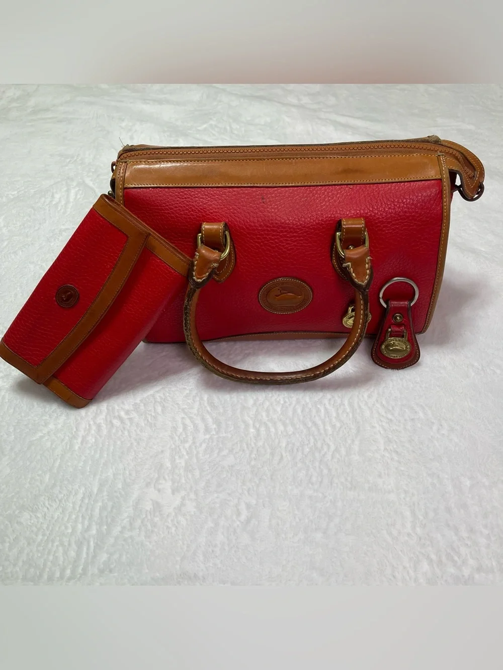 Vintage Trio Dooney & Bourke Red Leather Satchel, Wallet, Keychain Tan Trim READ